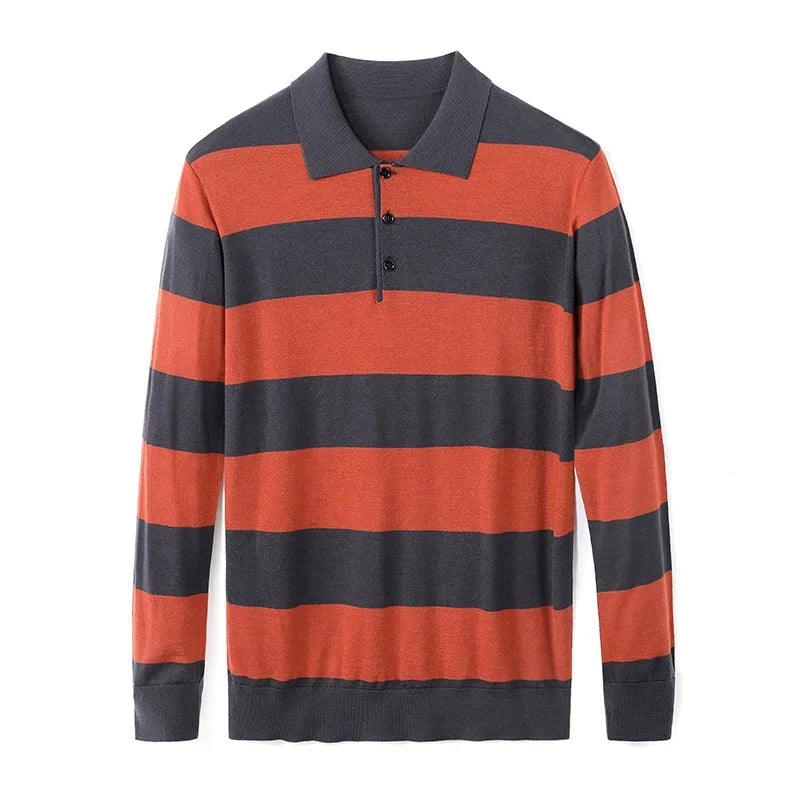 Men's Autumn & Winter 48-Count Worsted Basolan Wool Striped American T-Shirt with Polo Collar – Machine Washable & Loose-Knit