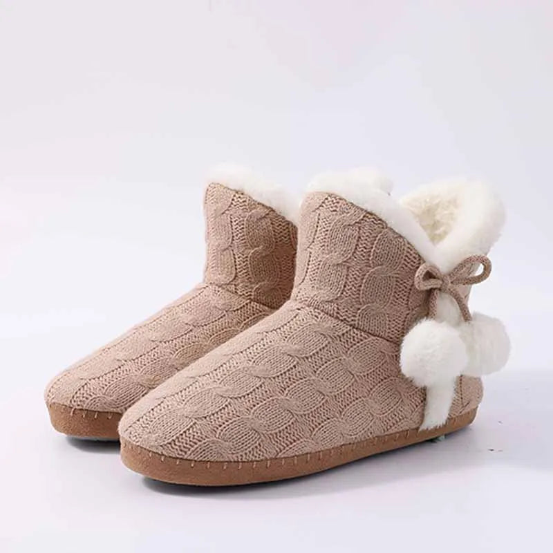 Women's Winter Warm Plush Boots Suitable For Outdoor and Indoor Use With Soft Sole Non-Slip Knit Furry Snow Shoes Cosy Cotton