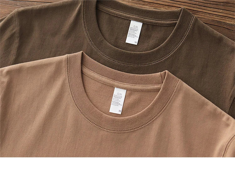 2025 Zomer Nieuwe Amerikaanse Retro 245G Korte Mouw O-hals Effen Kleur T-shirt Herenmode Eenvoudige 100% Katoen Gewassen Casual Tops