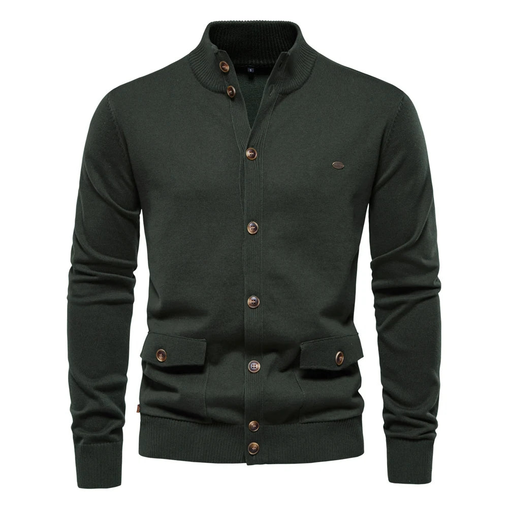 Men's Knitted Stand Mock Neck Cotton Cardigan Casual Social Autumn Button-Up Sweater Jacket for Men