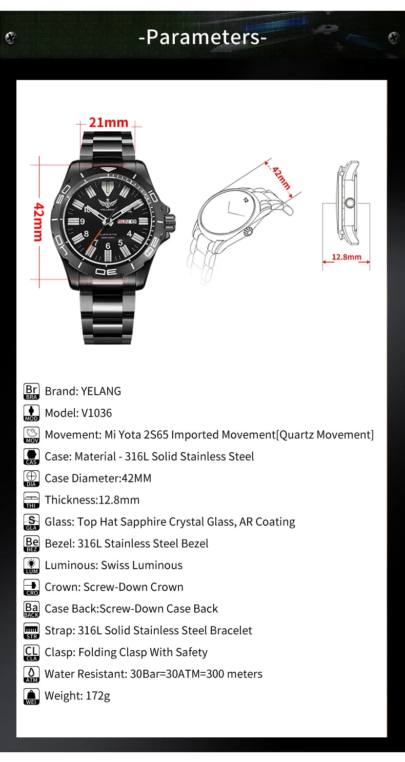 YELANG V1036 42mm Men's Quartz Watch Luminous Display Japan Movement 30ATM Waterproof Stainless Steel Band with Luminous Hands