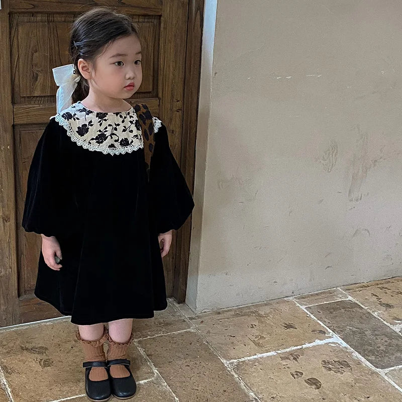 Autumn Velvet Vintage Style Kids Long Dress for Girls Floral Round Collar Princess Kids Clothes Dresses 2-6 Years