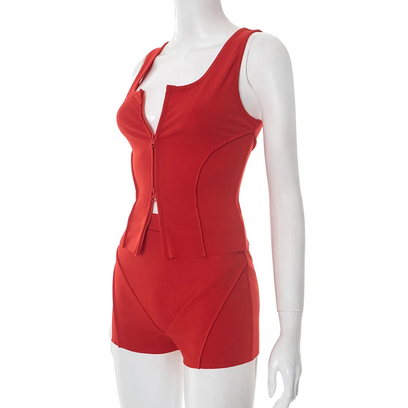 Casual Women 2 Piece Set Stretch Double Zip Tank Tops + Shorts Matching Patchwork Simple Basic Streetwear Tracksuit