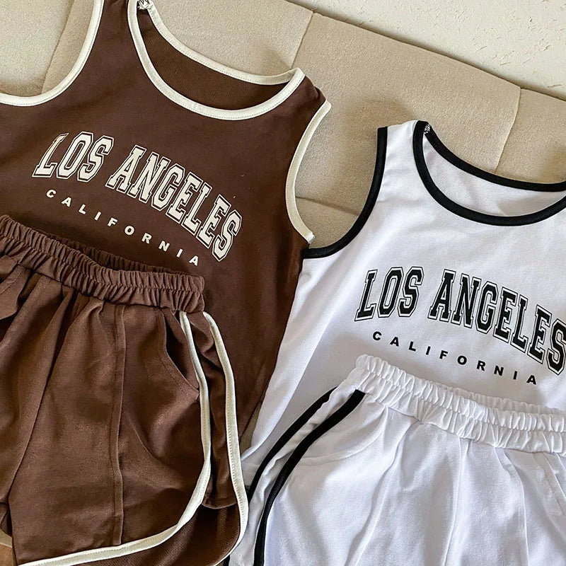 New Summer Kids Clothes Set Children Thin Style Letter Sports Suit Girls Tank Top Shorts Boys Outfits 4-6Y Unisex