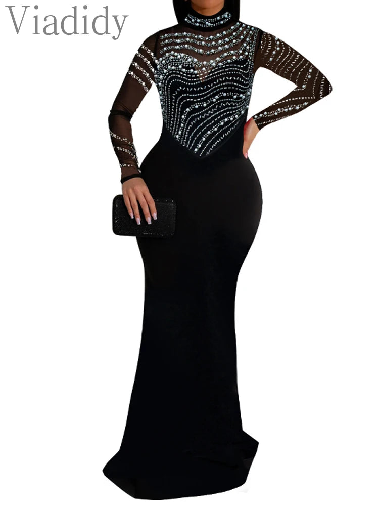Sexy Mesh Patchwork Rhinestone Beads Floor Length Party Long Dress