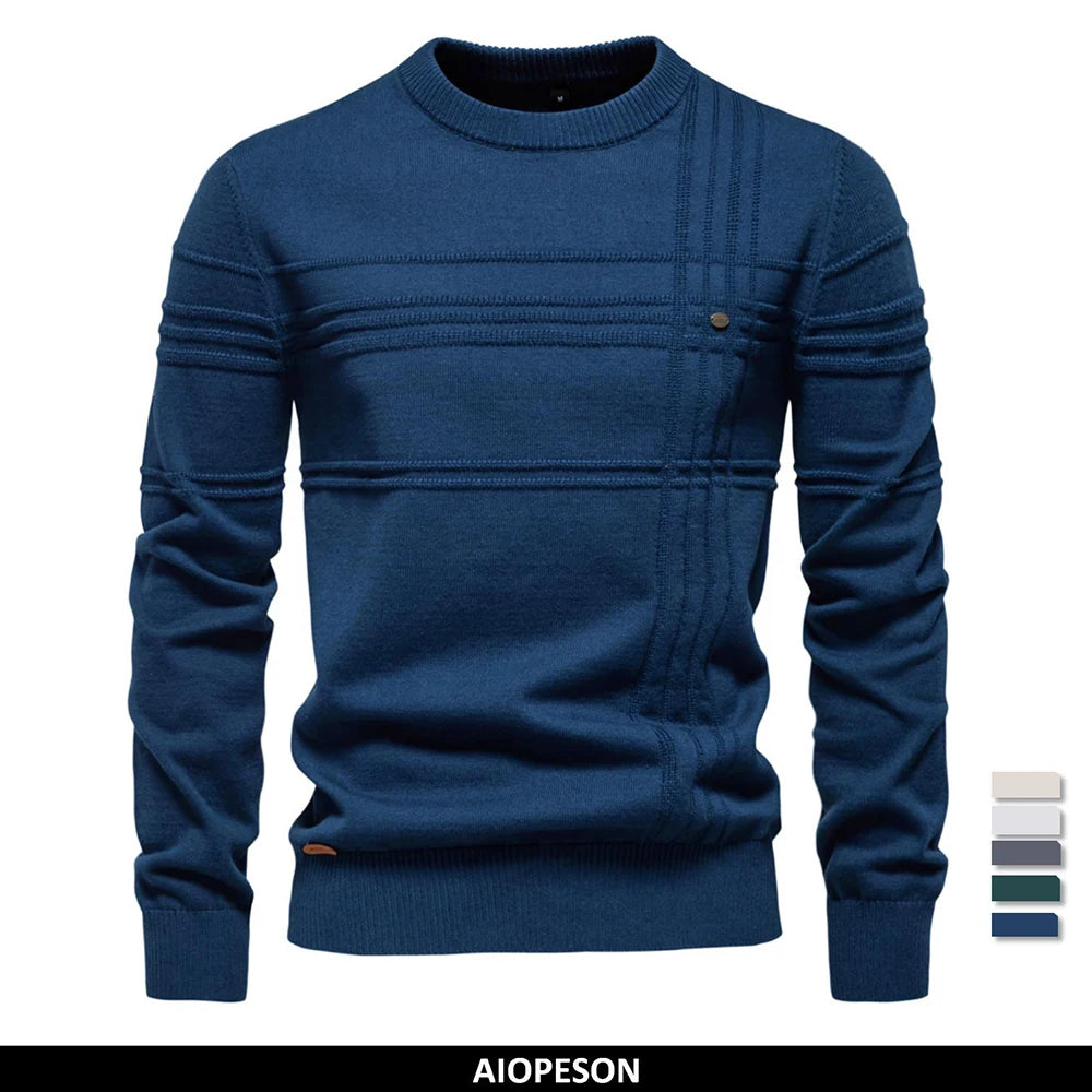 Men's Crewneck Pullover Sweater Knitted Cotton Stripped Quality Autumn Winter Warm Sweaters for Men