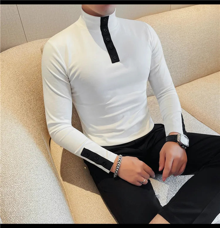 Men's High Quality Long Sleeve T-shirt For Autumn & Winter, Half-High Collar, Solid Colour Top. Collar Button Polo, Suitable As Business Casual