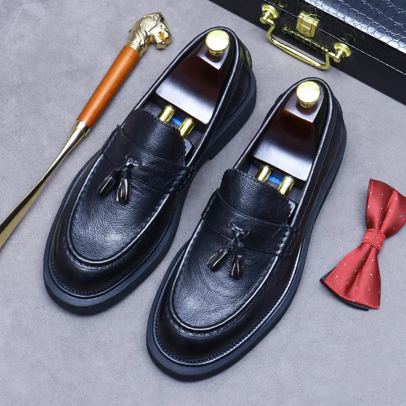 YETTIES Soft Leather Elegant Mens Dress Loafers Shoes Luxury Genuine Leather Tassel Thick Soled Wedding Social Formal Shoes