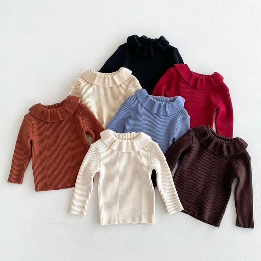 2025 Nieuwe effen trui met onderkant voor meisjes. Kinderkleding met lotusbladkraag en gebreide trui met basistopjes voor meisjes van 1-6 jaar.