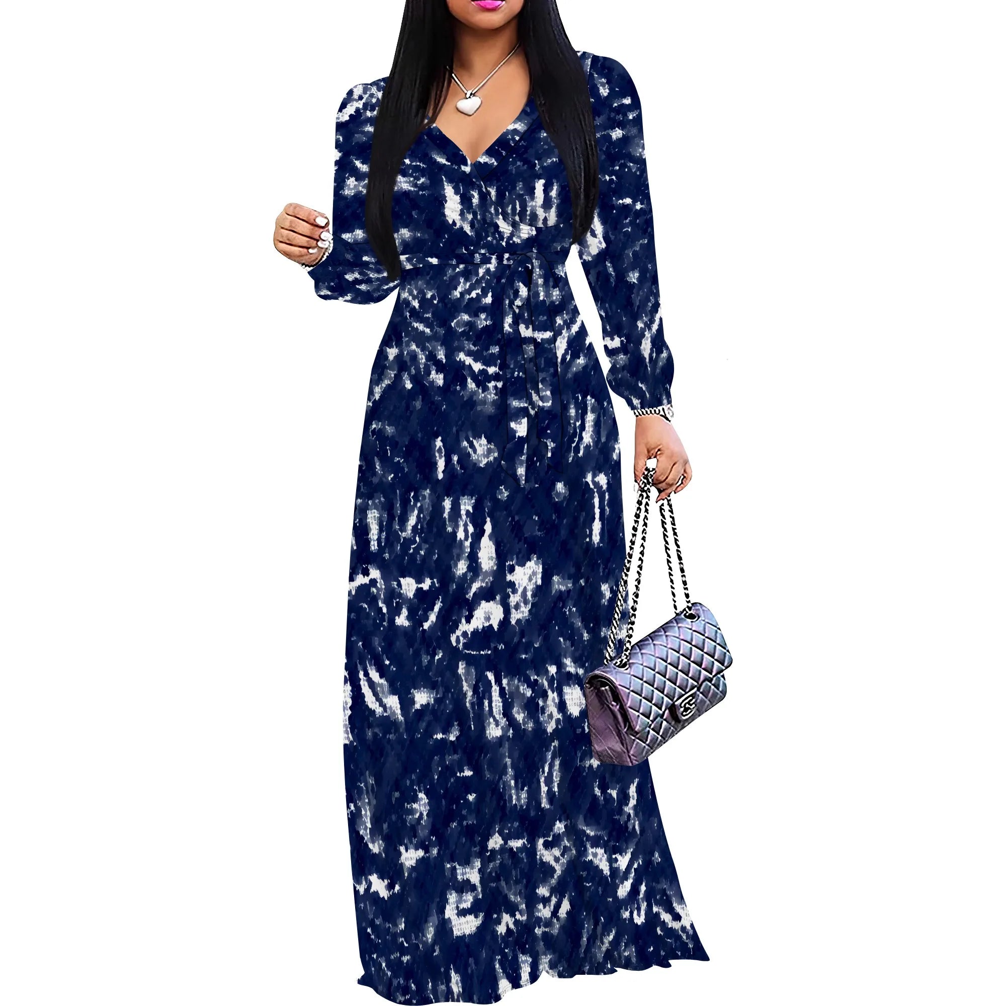 Tie-Dye V-Neck Long Sleeve Maxi Dress Women Casual Boho Fall Holiday Outfits