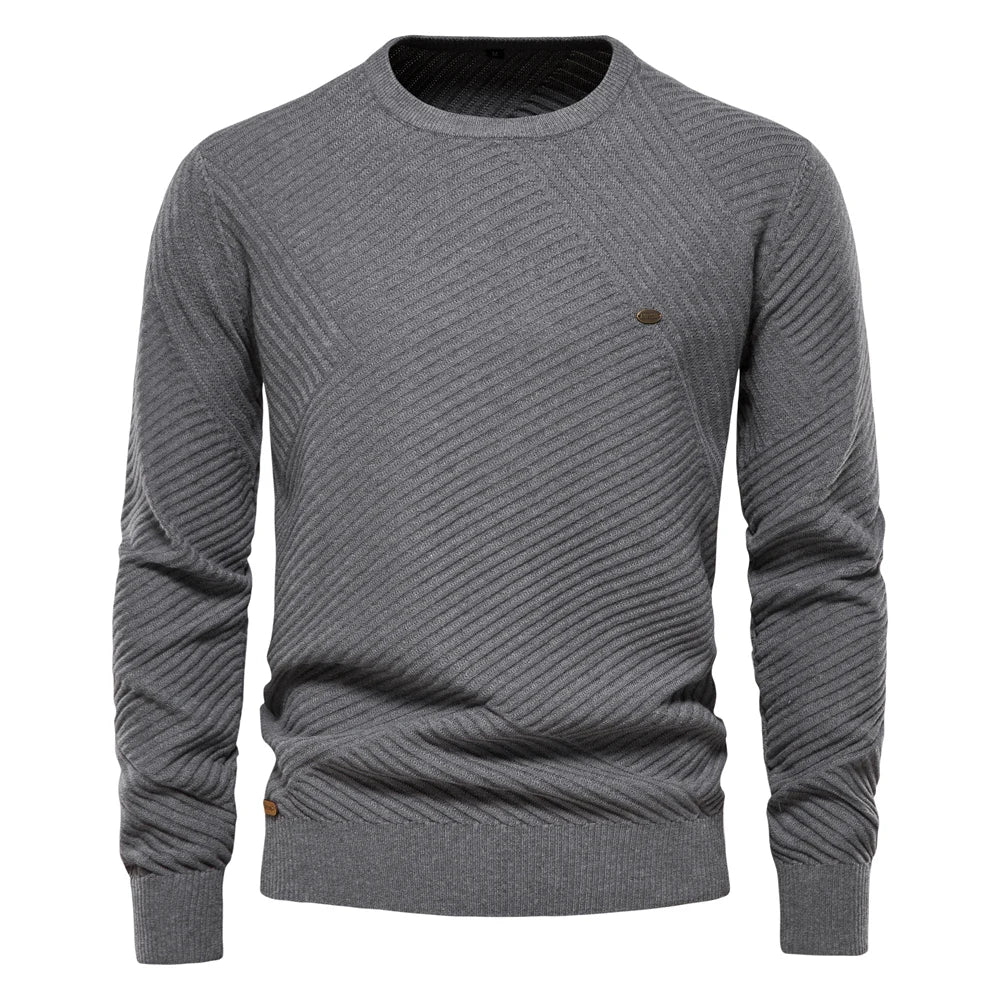 Men's Solid Colour Cotton Sweater Striped O-Neck Knitted Pullover for Men Casual High Quality Winter Sweater