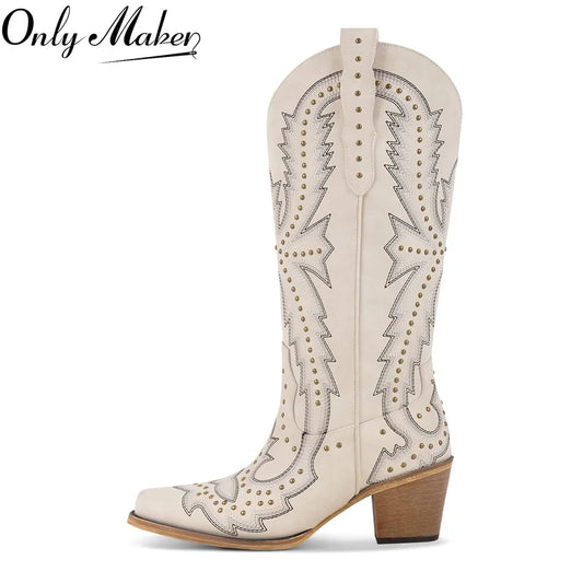 Women Pointed Toe Mid Calf  Pull-on Knee High Cowgirl Boots Comfy  Chunky Heel Western Boots