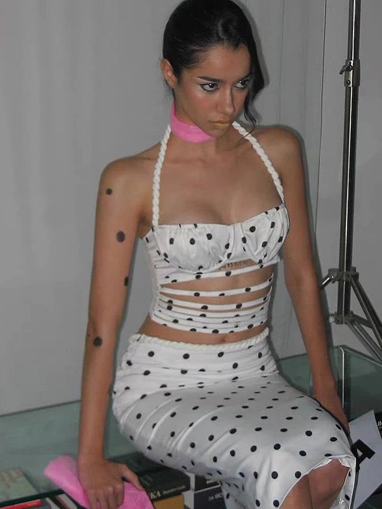 Polka Dots 2 Piece Set Women Twist Bandage Halter Hollow Camisole + Skinny Mid Skirts Street Fashion Elegant Outfits For Women