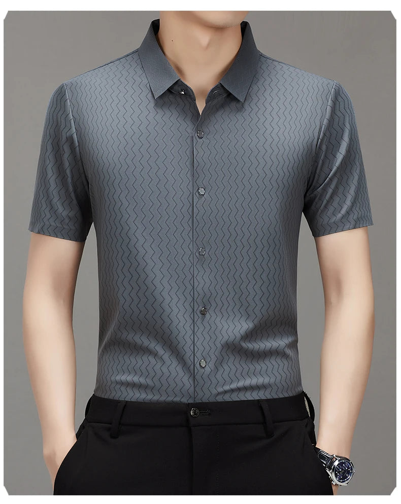 Men's Summer Lapel Shirt, Slim Fit Short-Sleeved, Fashion Dark Pattern Knitted Fabric Polo Shirt