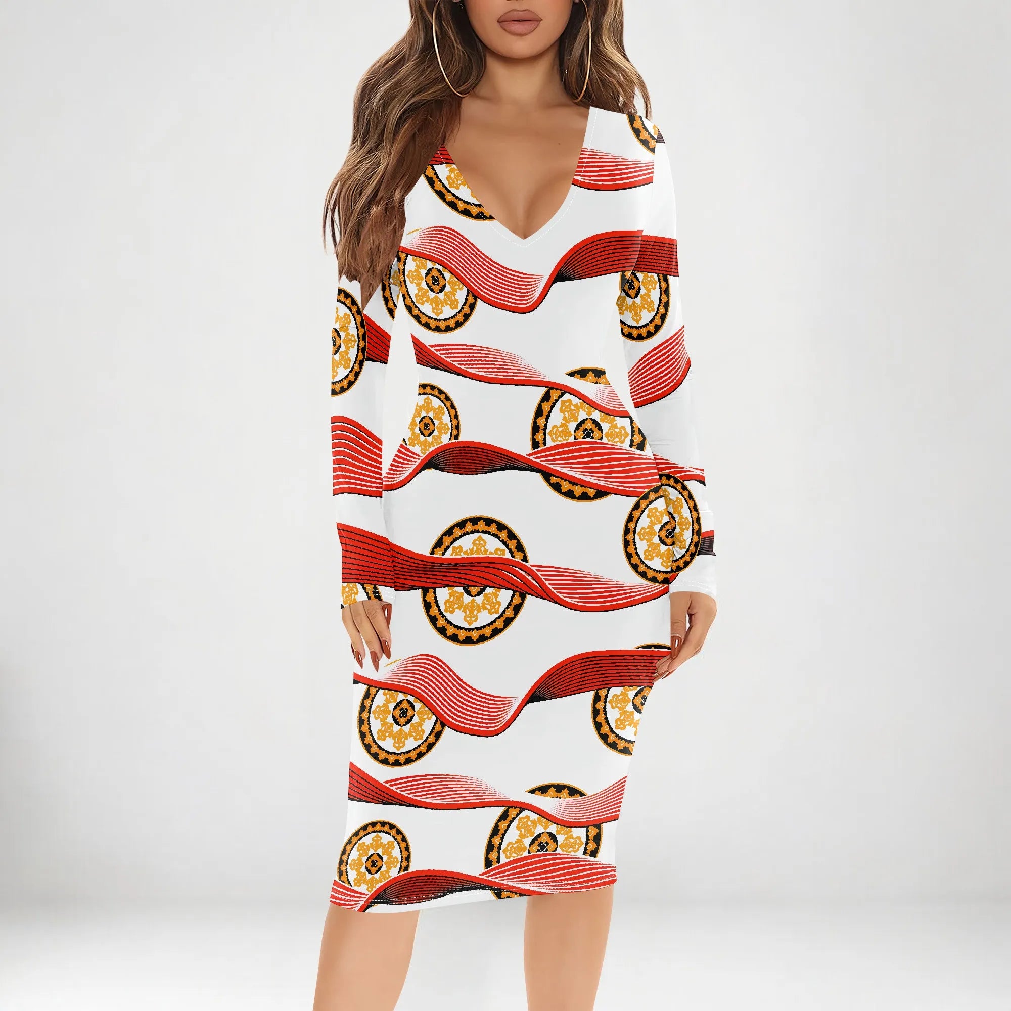 Womens Bodycon White Dark Blue line Flower Print Round Neck Ruffle Ruched Party Knee Length Pencil Dress