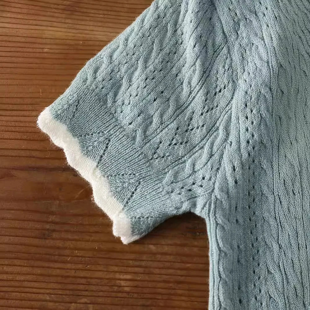 Kid's Knitted T-shirt Girls Simple Turn Down Collar Pullover Children's Thin Hollow Out Knit Short Sleeve Tee 1-6Y Girls