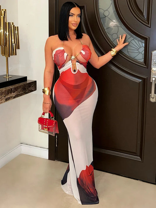 Seashell Metal Chain Hollow Halter Dress Women Flower Print Sexy See Through Backless Skinny Peach Hip Long Bodycon