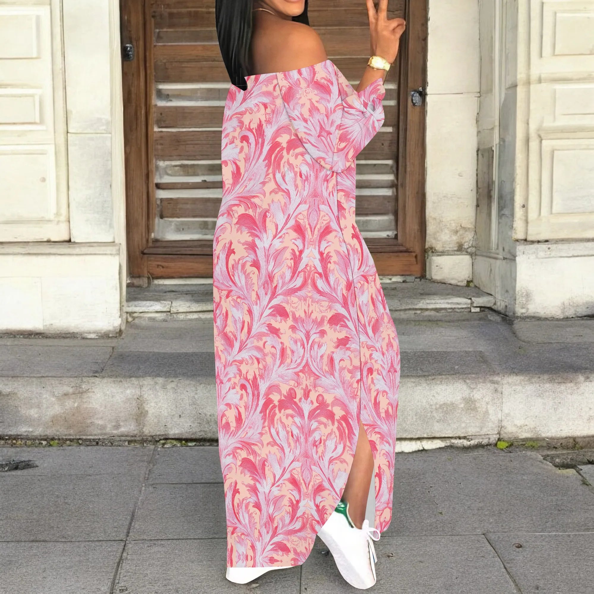 Casual Pink Butterfly Print Maxi Dress Off Shoulder Long Sleeve Bodycon Dress for Women Spring Vacation Style