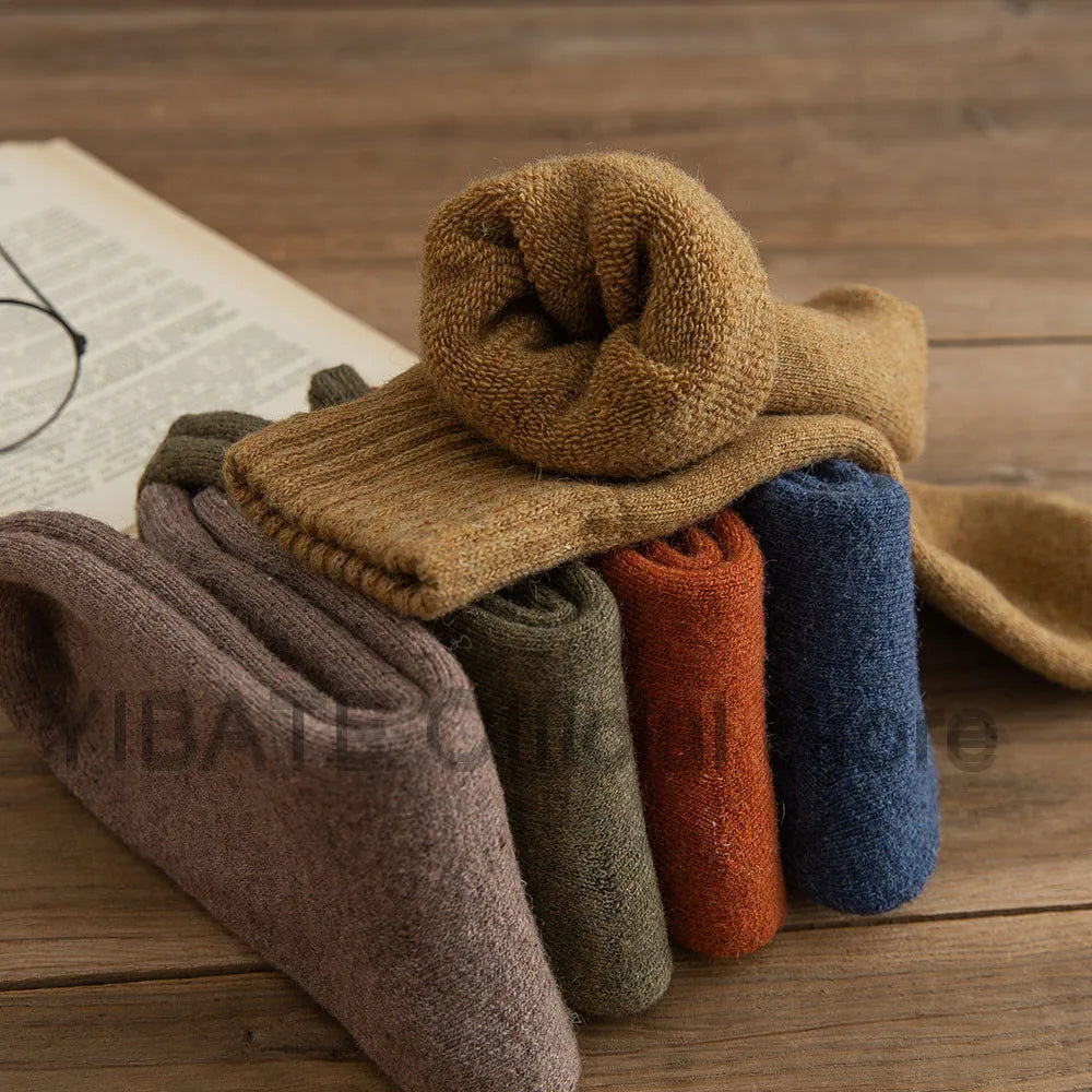 5 Pairs Winter Women's Thick Warm Solid Colour Wool Harajuku Retro Cold Resistant Fashion Casual Cashmere Socks