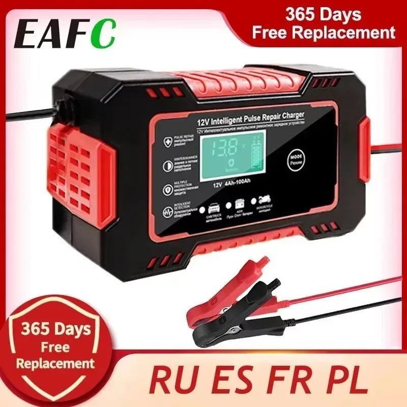 EAFC Full Automatic Car Battery Charger 12V Digital Display Battery Charger Power Puls Repair Chargers Wet Dry Lead Acid