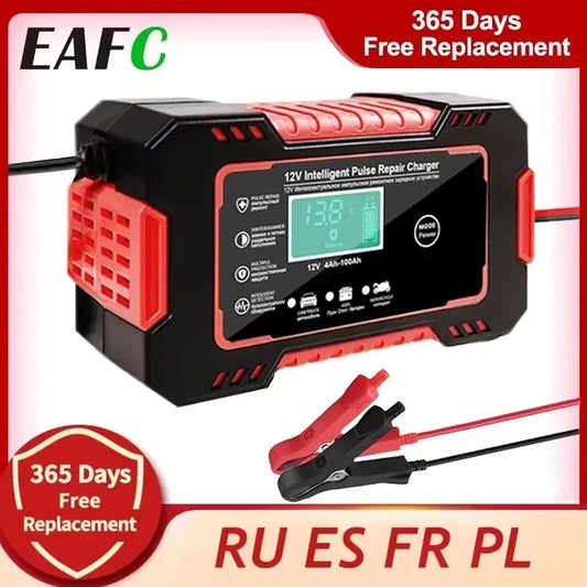 EAFC Full Automatic Car Battery Charger 12V Digital Display Battery Charger Power Puls Repair Chargers Wet Dry Lead Acid
