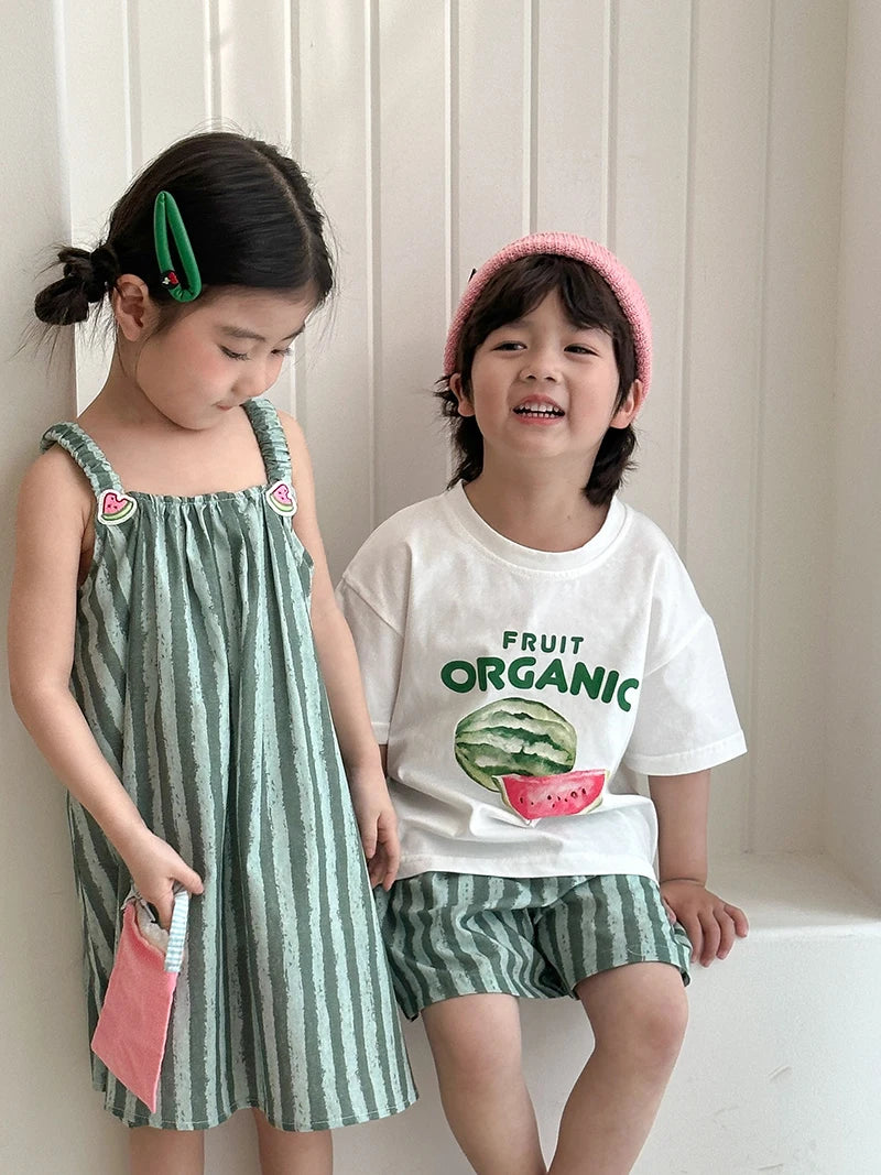 Children's Summer Clothes 2PCs Set Boys' Pure Cotton Striped Tee and Shorts Suit Cute Girls Suspenders Dress Siblings' Outfit Unisex
