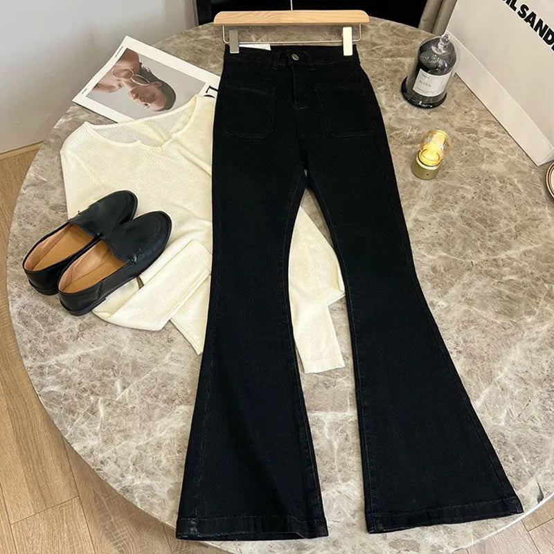 New Women's High Waist Washed Jeans Korean Style Pockets Slim Denim Flared Pants Ladies Vintage Stretch Classic Jean Trousers