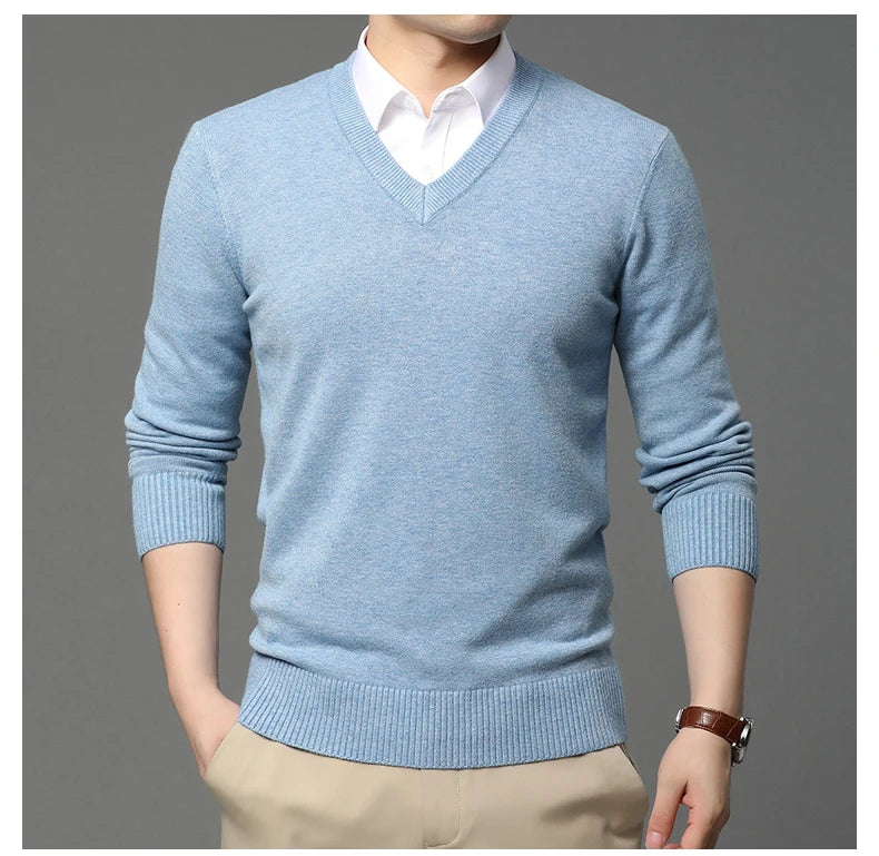 Men's High Quality Fashion Brand, Woollen Knit Pullover V-Neck Sweater, Autumn and Winter Casual Male Jumper