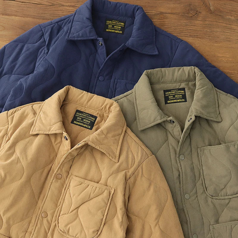 Winter New American Retro Langarm Revers Baumwolle gepolsterte Cargojacke Herren Einfacher dicker Innenliner Lässiger Mantel mit mehreren Taschen