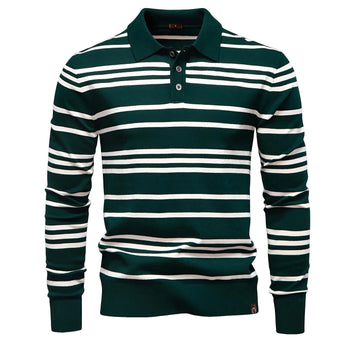 Men's Colour Block Striped Long Sleeve Polo Shirt For Autumn - Designer Business Premium T-shirts