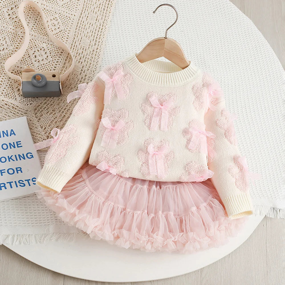 Autumn Kids Outfit 2PCS Set Sweet Bear Bow Girl's Knitted Sweater And Mesh Skirt Korean Loose Children's Clothing 9M-5T Girls