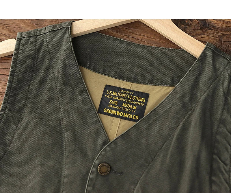 2024 Autumn New American Retro 12OZ Denim Cargo Vest Men's Simple 100% Cotton Washed Old Casual Multi-pocket Waistcoat Jacket