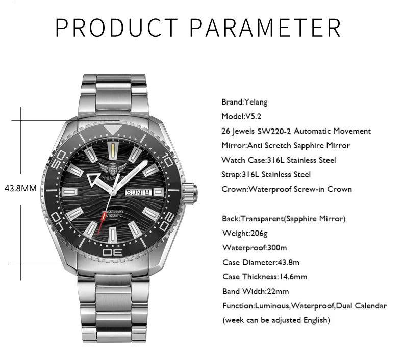 Yelang V5.2 Mechanical Watch 44M Rotatable Ceramic Bezel Sapphire Lens SW220 300m Super Waterproof Men's Diving Watch Reloj