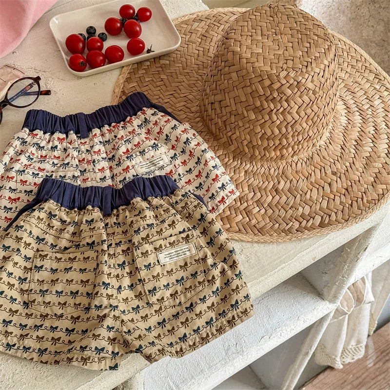 2025 Zomer Nieuwe Baby Meisjes Strik Print Shorts Katoenen Kinderen Losse Shorts Kinderen Veelzijdige Casual Broek Ademende Peuterkleding 4-6Y