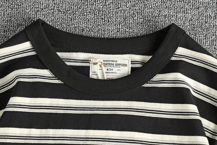 2024 Summer New American Retro 240g Short Sleeve O-neck Striped T-shirt Men's Simple 100% Cotton Washed Heavyweight Casual Tops