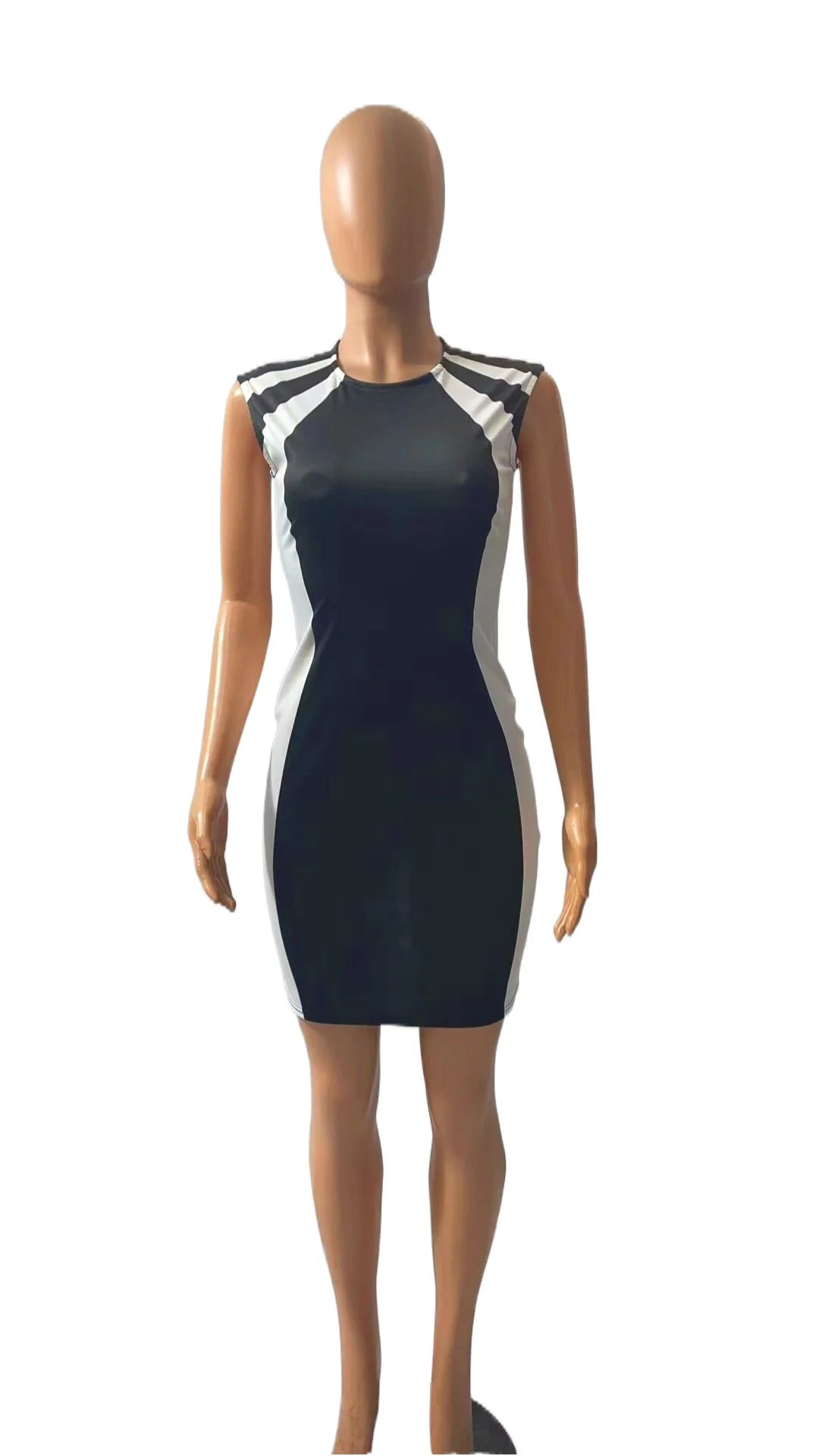 Elegant Women Party Club Dresses Summer Fashion Colorblock Round Neck Bodycon Dress Sleeveless Casual Mini Black Dress
