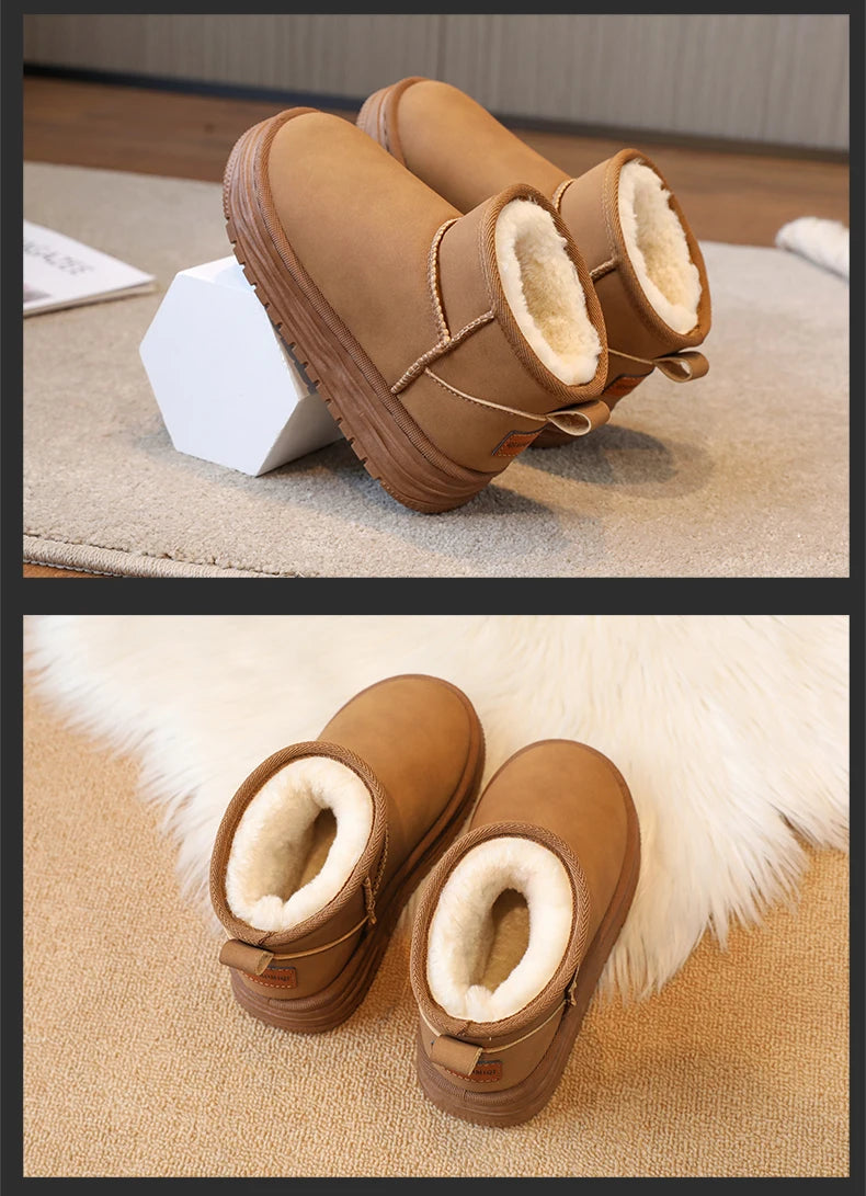 Kindersneeuwlaarzen met antislipbont en dikke zool voor meisjes, casual sportschoenen, damesmode, bruine enkellaarsjes, waterdicht en warm