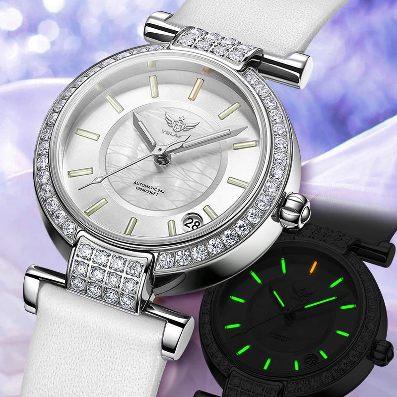 Yelang V1026 Women's Mechanical Watch – NH35 Japan Movement, 10 BAR Waterproof, Luxury Stainless Steel Wristwatch with Watch Ring – Reloj Mujer