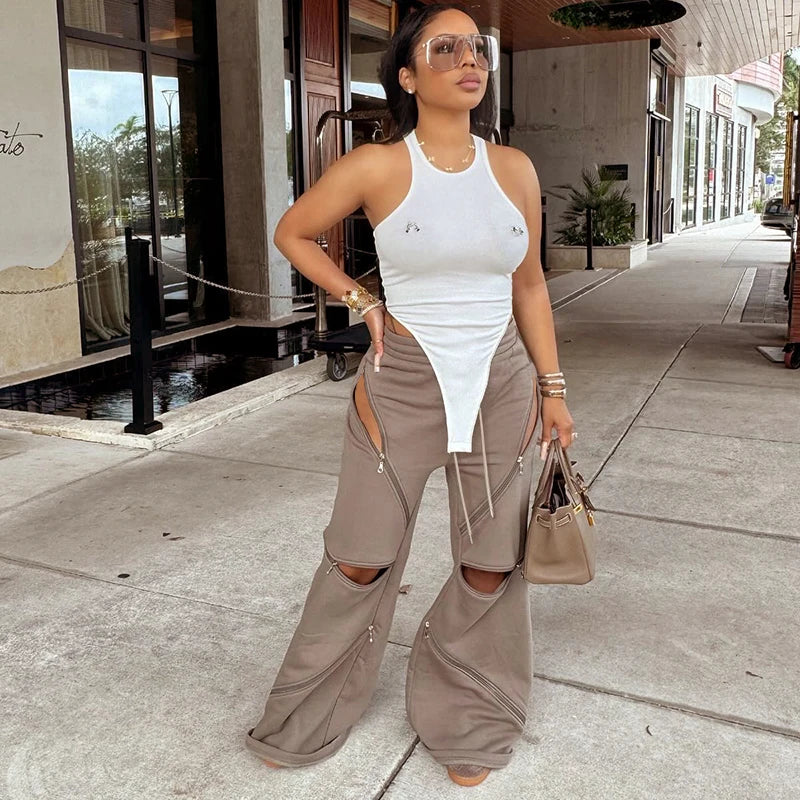 Zip Hollow Pants Street Fashion Trend Casual Sportief Effen Chic Devise Onregelmatig Basic Hipster Wijde Broeken Voor Vrouwen