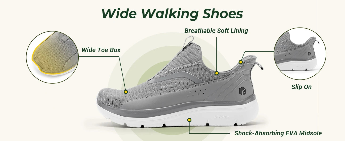 FitVille Men’s Extra Wide Slip-On Walking Shoes – Lightweight High Rebound Comfort Trainers for Everyday Wear