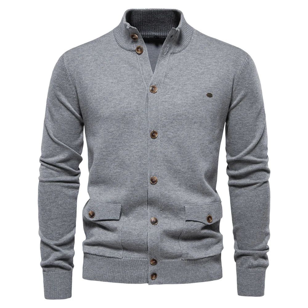 Men's Knitted Stand Mock Neck Cotton Cardigan Casual Social Autumn Button-Up Sweater Jacket for Men