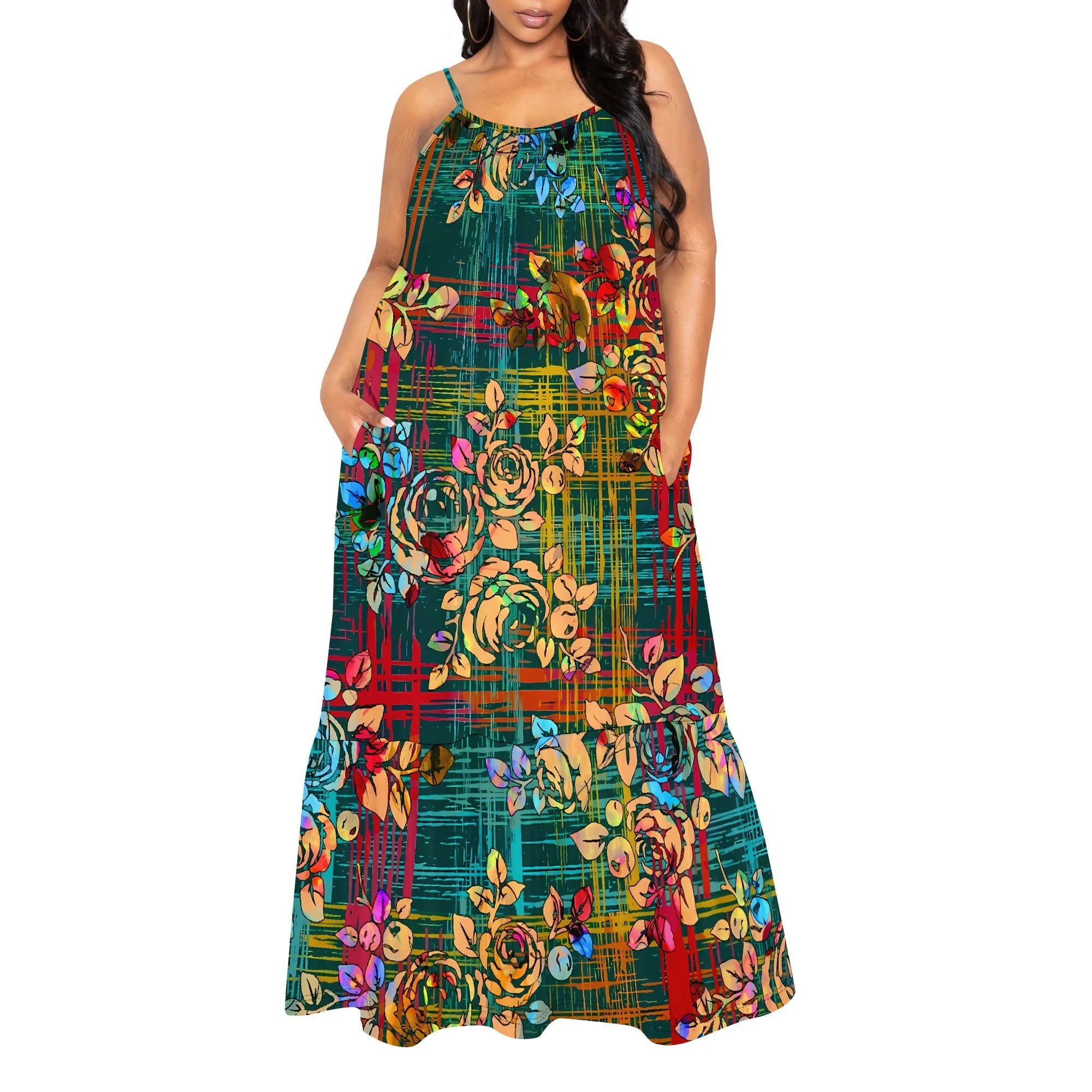 Colorful Plaid Floral Maxi Dress for Women Sleeveless Casual Spaghetti Strap Vacation Outfit