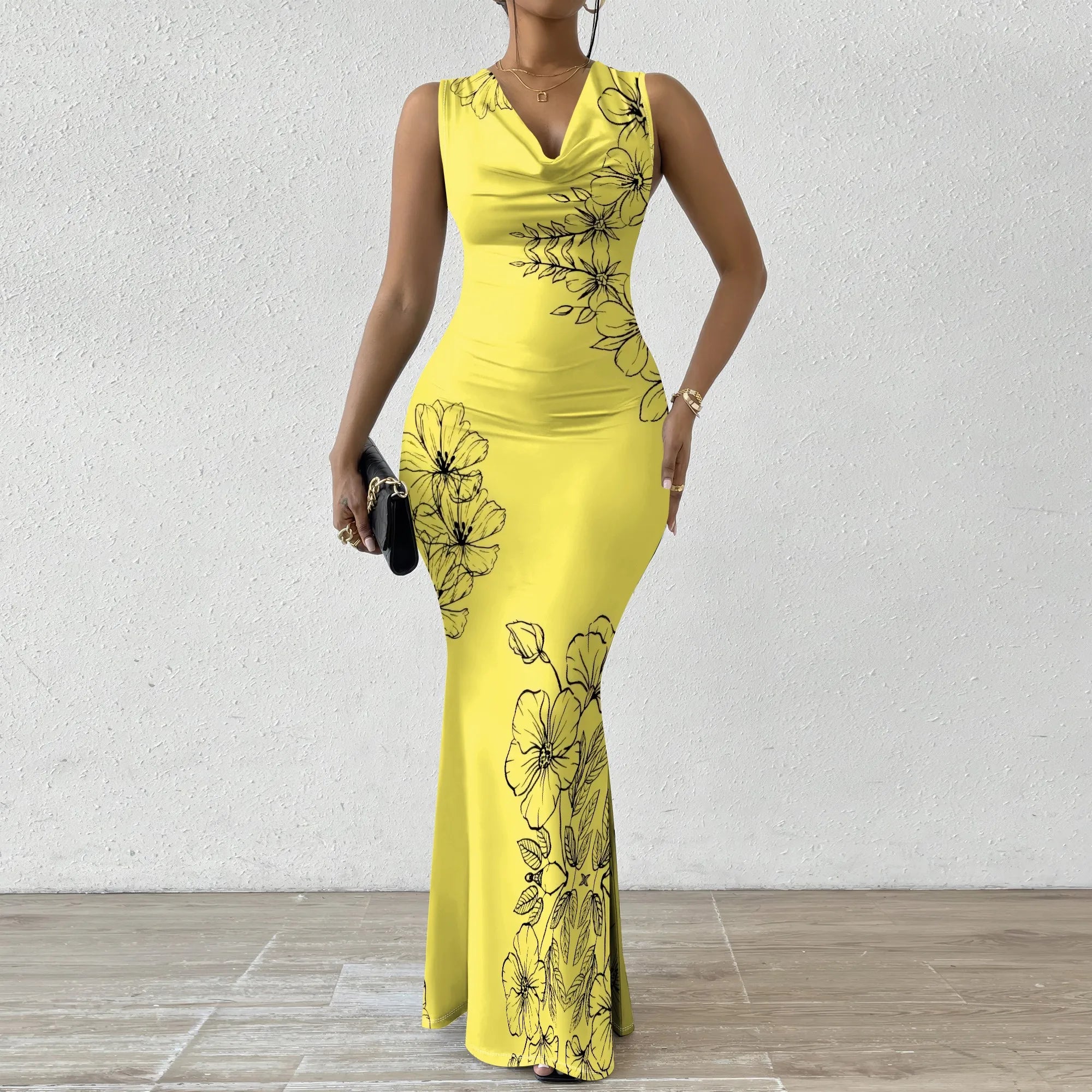 Women's V-Neck Sleeveless Maxi Dress Yellow Black Outline Floral Print Elegant Bodycon Summer Dress