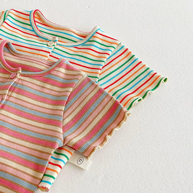 New Summer Girls Colourful Striped Cardigan Kids Short-Sleeved Knitted Sweater Children Cute Lace Bow Jeans 0-5Y Girls