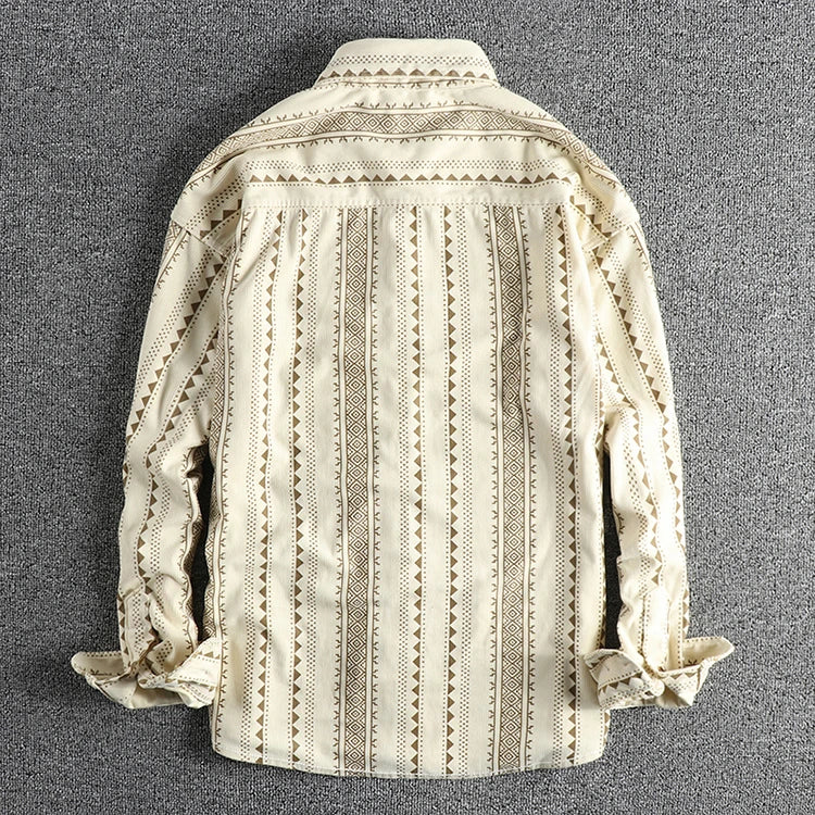 Lente Nieuwe Amerikaanse Retro Lange Mouw Revers Navajo Totem Bedrukt Shirt Herenmode 100% Katoen Gewassen Casual Blouses Dunne Jas