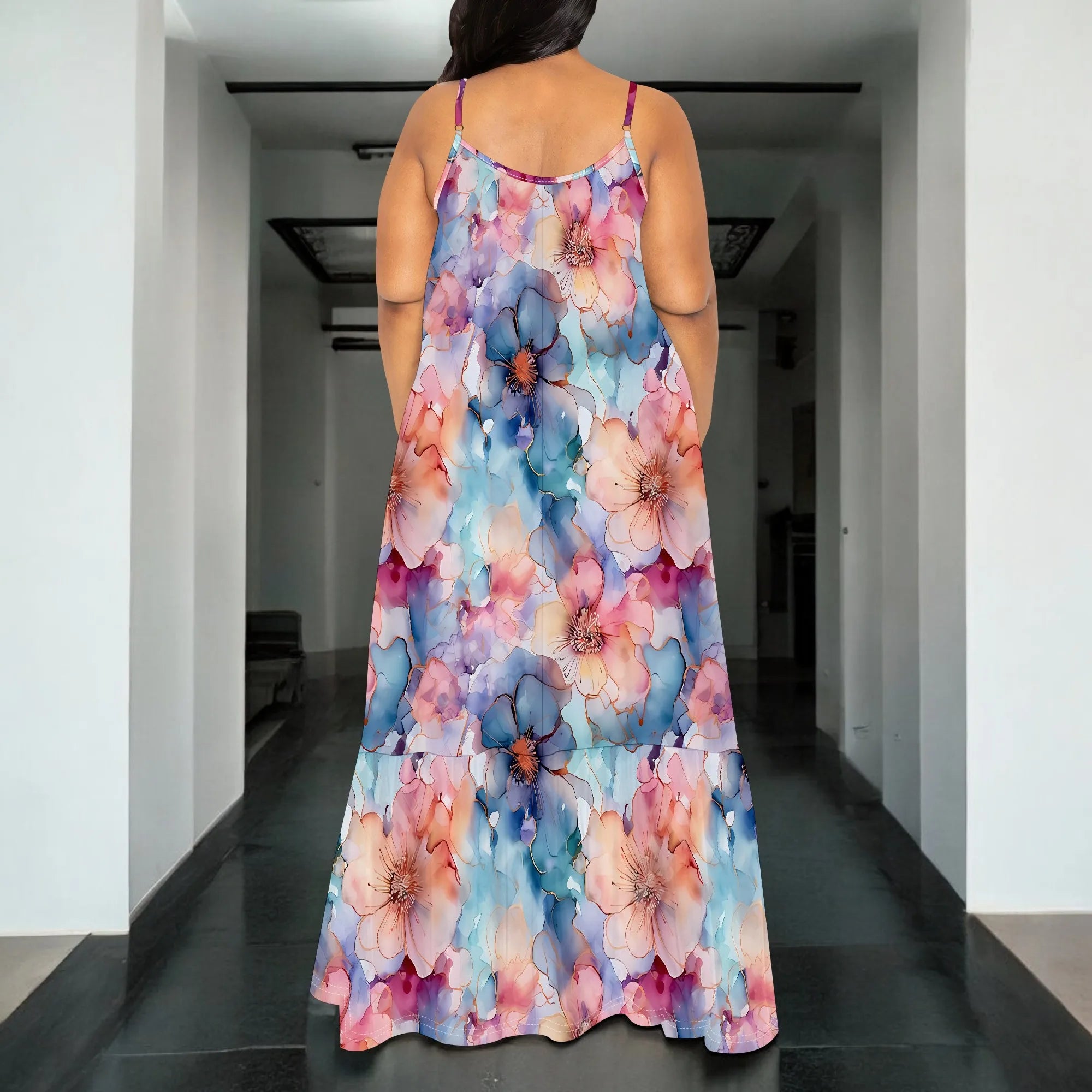 Watercolor Floral Print Sleeveless Maxi Dress Women Casual Beach Style Spaghetti Strap Outfit