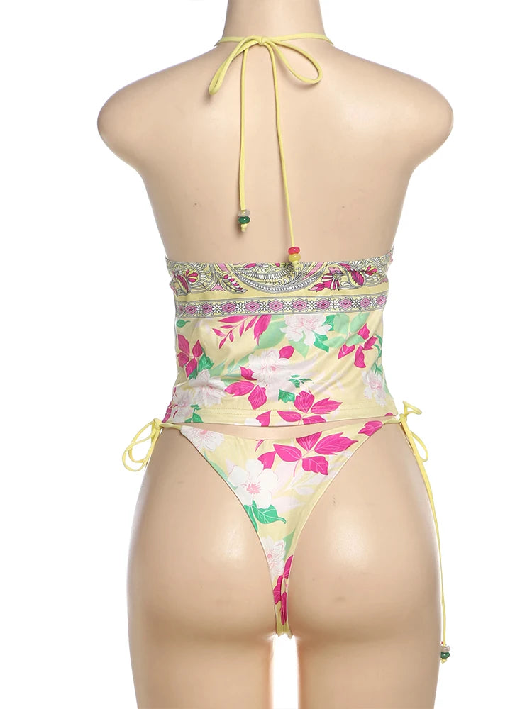Lotus Print 2 Piece Set Women Halter Low-Neck Backless Tank Tops + Shirring Thong Vacation Fashion Beach Style Swimsuit