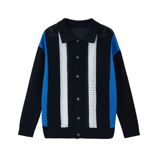 Men's Autumn/Winter Colour-Block Striped Polo Collar Knitted  High Quality Hollow Out Cardigan With 60% Cotton