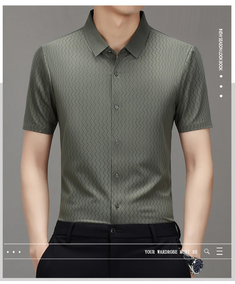 Men's Summer Lapel Shirt, Slim Fit Short-Sleeved, Fashion Dark Pattern Knitted Fabric Polo Shirt