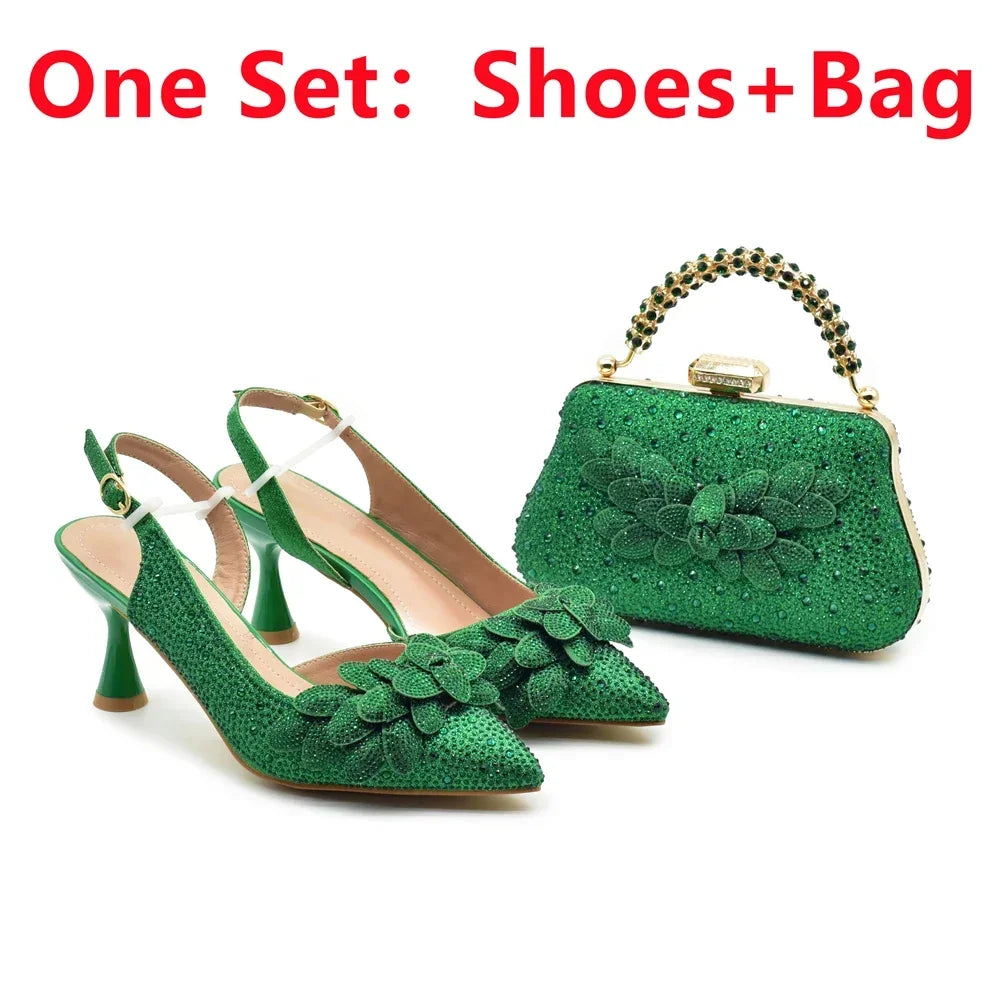 New Pointed Toe Heels with Small Bag Nigeria Fashion Party Women's Shoes and Bags Decorated with Rhinestone Wedding Shoes Bride